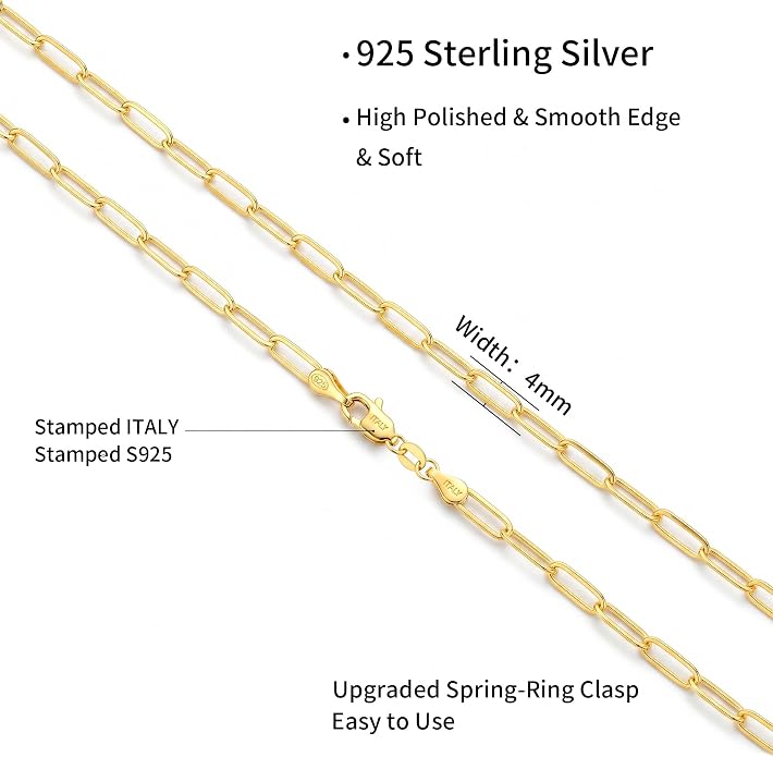 S925 Sterling Silver Necklace for Women, 4mm Sterling Silver Paperclip Chain Necklace Thick Sturdy Colourfast Necklaces Jewelry for Women 16/18/20/22 Inch