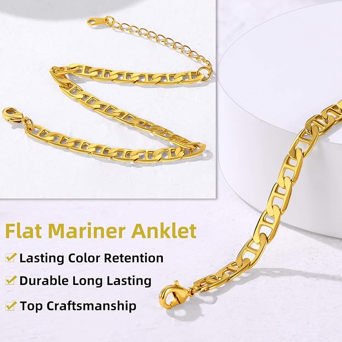 GoldChic Adjustbale Link Chain Anklet for Women Summer Jewelry, 316L Stainless Steel Figaro/Wheat/Twist Rope/Cuban Foot Bracelet-Waterproof, Resizable 9"-12" (Gift Box Included)