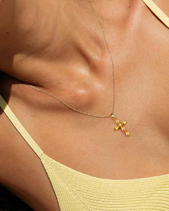 14K Gold Plated 925 Sterling Silver Birthstone Cross Necklace for Women Men