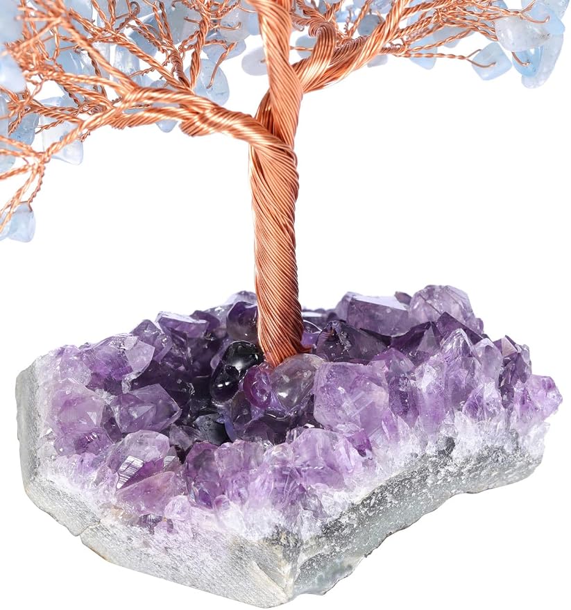 Jovivi Natural Aquamarine Healing Crystal Money Tree on Amethyst Cluster Geode Druzy Base Feng Shui Crystals for Home Office Desk Decorations, Wealth, Good Luck