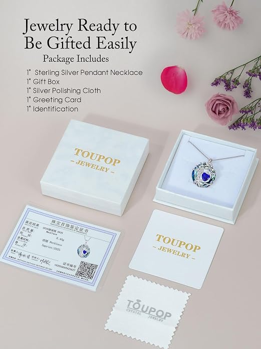 TOUPOP Tree of Life Birthstone Necklace Sterling Silver Pendant Birthstone Necklaces with Blue Crystal Anniversary Birthday Jewelry for Women Mom Wife Her