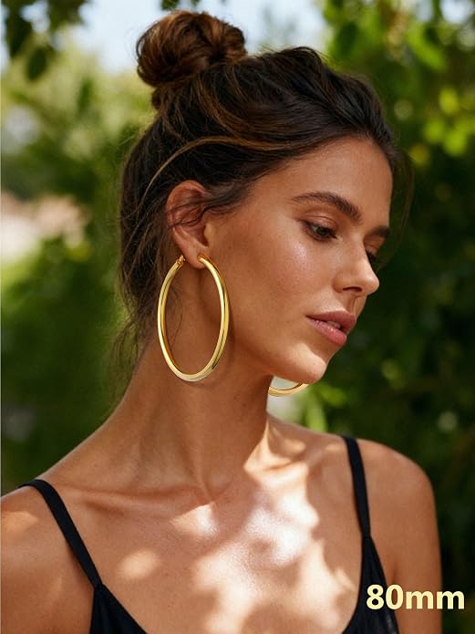 Bestyle 5mm Thick Gold Hoop Earrings Hypoallergenic Hoops for Sensitive Ears Trendy Lightweight Chunky Earrings for Women 30/40/60/80mm