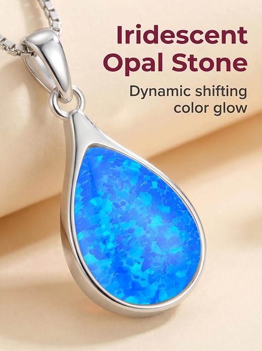 Teardrop Opal Necklace for Women - 925 Sterling Silver October Birthstone Pendant Necklace, Dainty Pear Shape Gemstone Jewelry Gif for Her, Adjustable Box Chain