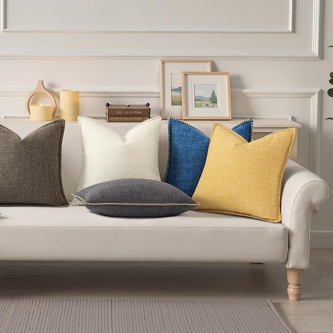 decorUhome Cream Faux Linen Outdoor Throw Pillow Covers 18x18 Set of 2 | Fall Decorative Textured Neutral Modern Farmhouse Pillow Covers with Stitched Edge for Couch Sofa Bed Living Room