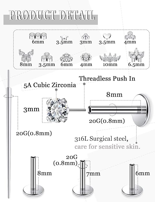 14K Gold Filled 20G 18G 16G Threadless Flat Back Earrings Studs Surgical Stainless Steel Clear CZ Push In Nose Rings Studs Tragus Helix Conch Cartilage Earrings Piercing Jewelry For Women Men