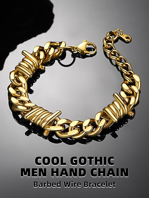 Bestyle Barbed Wire Bracelets 7/9mm Thick Heavy Men Hand Chain Unisex Stainless Steel/Gold/Black Cuban Chain Bracelet Punk Gothic Bracelets for Men Women