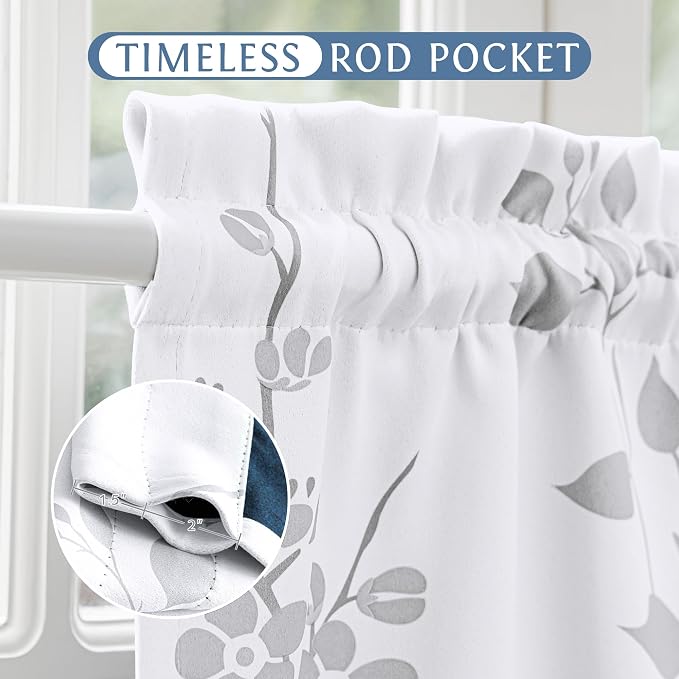 Beauoop Floral Valance Curtains for Kitchen Grey White 52X18 Inch 1 Panel | Flower Patterned Blackout Short Curtains for Living Room Bedroom Cafe 18 Inch Length Thermal Small Window Curtains Rod Pocket