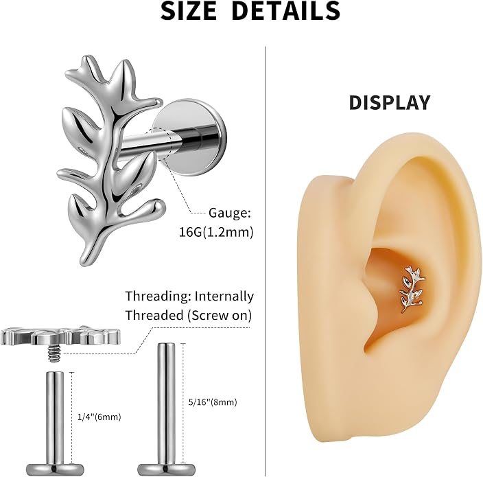 FINE4U 1PC Leaf Flat Back Stud Flat, Helix, Conch, Tragus 6mm 8mm - ASTM F136 Titanium Screw on Body Piercing Jewelry