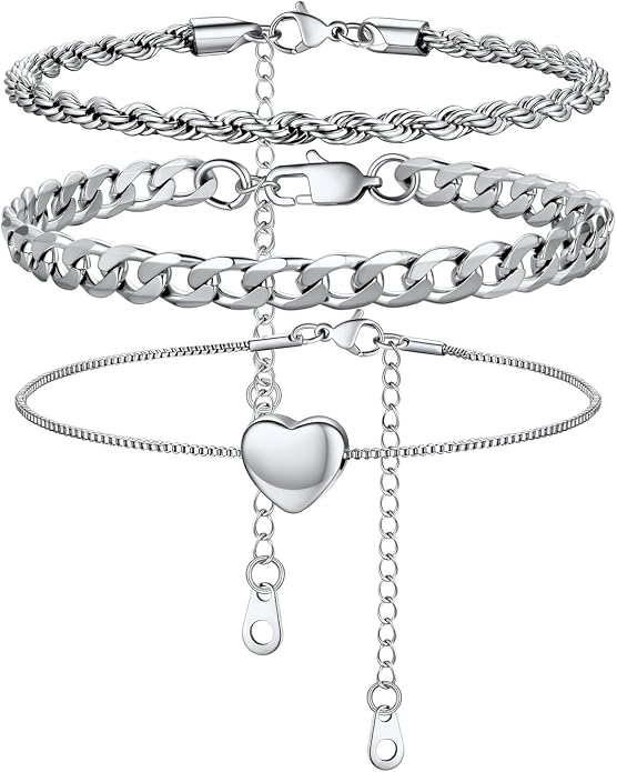 U7 2Pcs/3Pcs Ankle Bracelets for Women, Stainless Steel Cuban Link/Figaro/Rope/Heart Chain Anklets Sets,Waterproof Layered Anklets Adjustable 8.5"-10.5"