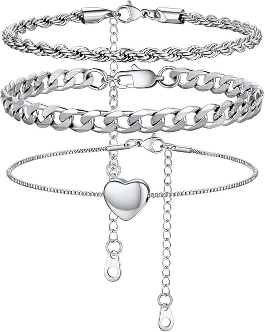 U7 2Pcs/3Pcs Ankle Bracelets for Women, Stainless Steel Cuban Link/Figaro/Rope/Heart Chain Anklets Sets,Waterproof Layered Anklets Adjustable 8.5"-10.5"