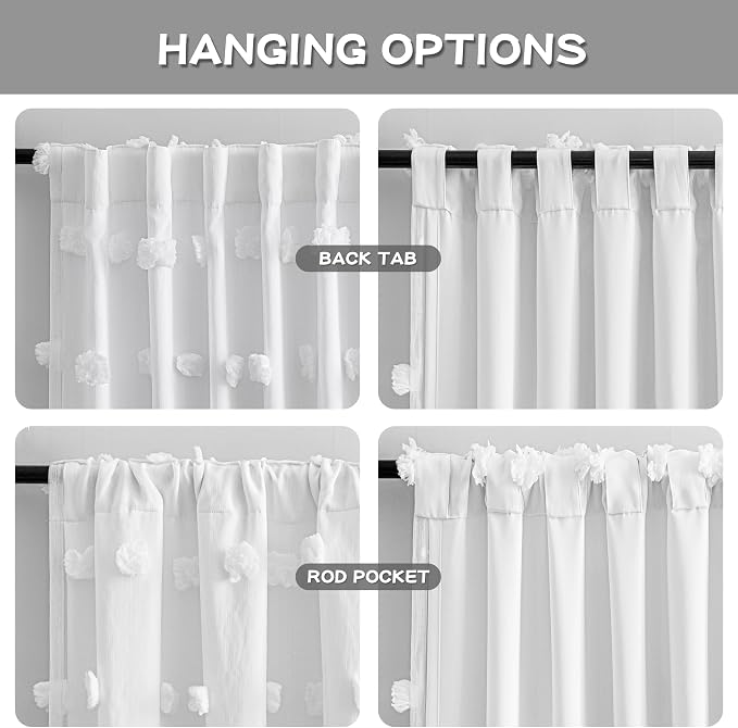 MYSKY HOME White Curtains for Living Room 90 Inches Long Nursery Curtain for Bedroom Double Layer Drapes with White Pom Pom Sheer Back Tab Room Darkening Window Panels W52 X L90, 2 Pieces