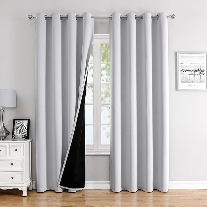 ChrisDowa 100% Blackout Curtains for Bedroom 72 Inches Long 2 Panels Set | 2 Thick Layers, Thermal Insulated, Light Blocking, Grommet, Window Treatment, Living Room Drapes, Greyish White, 52 x 72 Inch