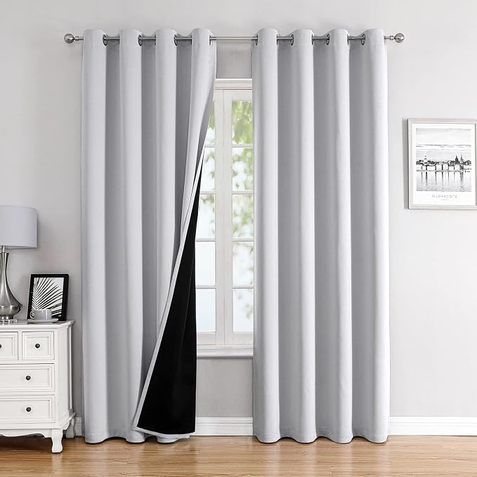 ChrisDowa 100% Blackout Curtains for Bedroom 84 Inches Long 2 Panels Set | 2 Thick Layers, Thermal Insulated, Light Blocking, Grommet, Window Treatment, Living Room Drapes, Greyish White, 52 x 84 Inch