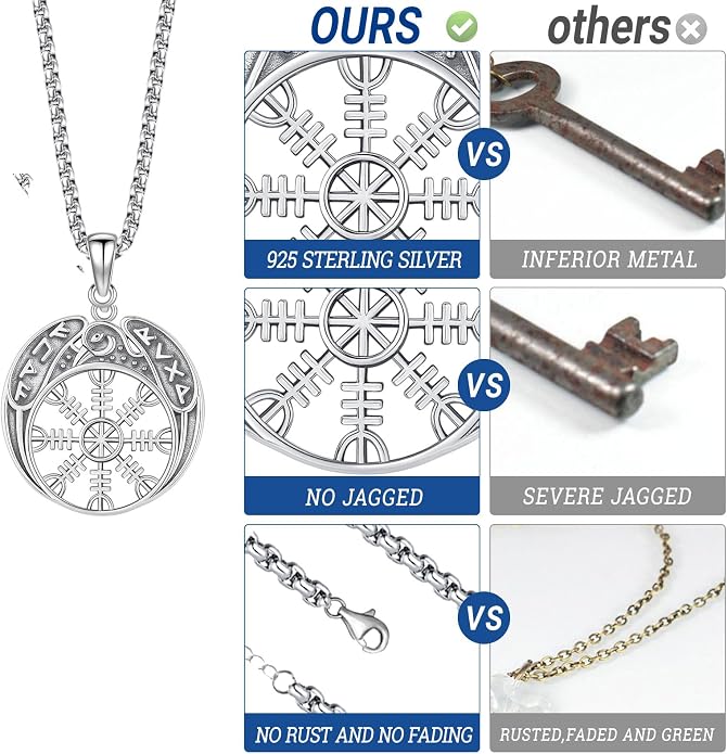 Eusense Viking Necklace for Men Women 925 Sterling Silver Pendant Thors Hammer/Norse Runes/Odin's Ravens/Wolf/Dragon/Snake/Yggdrasil/Freya/Helm of Awe/Valknut/Triskelion/Axe/Shield Viking Jewelry