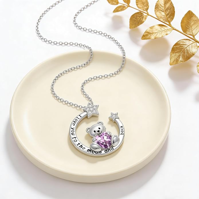 PELOVNY Teddy Bear Necklace for Women 925 Sterling Silver Bear/Highland Cow/Fox/Cat/Axolotl Birthstone Necklace Christmas Birthday Jewelry Gifts for Mom Daughter Wife Sister