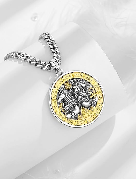 INFUSEU Mythology Pendant Necklaces for Men, Viking Norse Mjolnir Egyptian Anubis Ankh, 22-24 Inch Chain