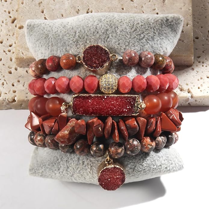 Yomisa 5PCS 6PCS Natural Boho Beaded Bracelets/Bangle for Women Men,Healing Turquoise Jasper Agate Crystal Gemstone Stone Chakra Multilayer Wrap Bohemian Handmade Jewelry Beads Stretch Bracelet Set