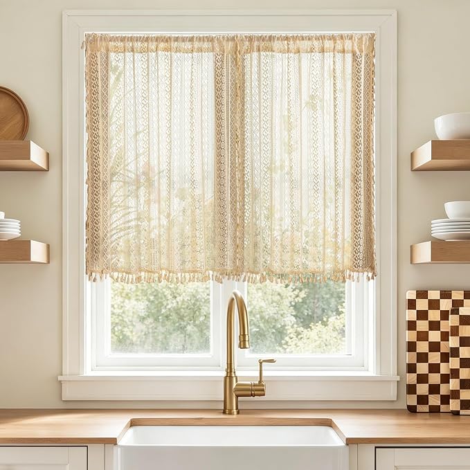 Sutuo Home Beige Lace Boho Curtains 45 Inches 2 Panels,Semi Sheer Small Window Curtains for Kitchen Cafe Crochet Vintage Chic Country Tassels Bohemian Drape Privacy Rustic Geometry Rod Pocket, 50" W