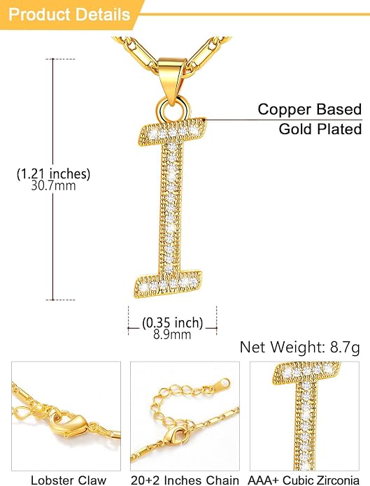 U7 Initial Necklace for Women, Gold/Platinum Plated CZ Crystal Letter A-Z Pendant Necklace, Shiny 20 Inch Name Chain Dainty Personalized Jewelry for Men Mom Wife Friend