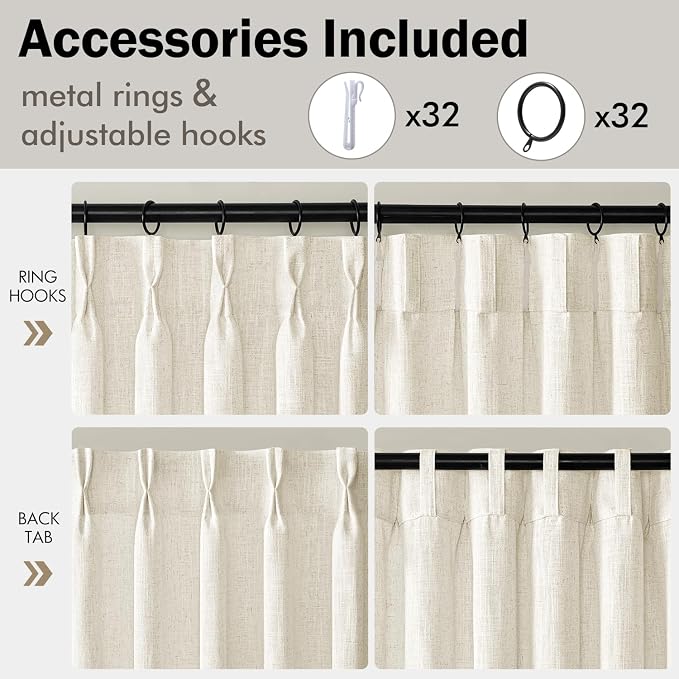 MIULEE 4 Panels Set Pinch Pleated Linen Curtains 102 Inches Long for Living Room Bedroom, Thick Linen Textured Drapes Plea Memory Trained Light Filtering Beige White Window Curtains with Hooks