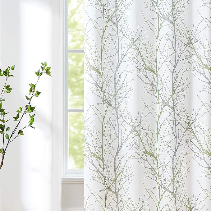 FMFUNCTEX Linen Green Gray Semi Sheer Patio Curtains 96 Inch Long 1 Panel | Extra Wide Sheer Patterned Patio Door Drapes, Tree Branch Print, Grommet Top for Sliding Doors and Airy Farmhouse Privacy