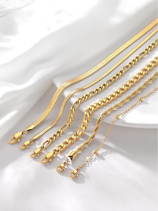FOCALOOK 14K Gold Plated Anklets for Women Waterproof Plus Size Ankle Bracelet 8.5-10.5 Inch Adjustable Mariner/Figaro/Flat Snake/Cuban Link Chain Anklet Jewelry for Summer Beach Holiday