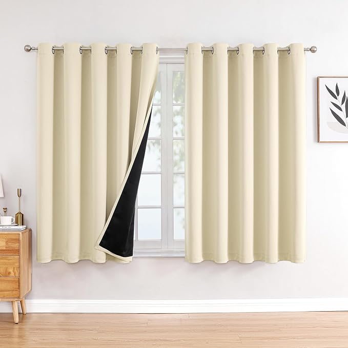 ChrisDowa 100% Blackout Curtains for Bedroom 63 Inches Long 2 Panels Set | 2 Thick Layers, Thermal Insulated, Light Blocking, Grommet, Window Treatment, Living Room Drapes, Light Beige, 60 x 63 Inch