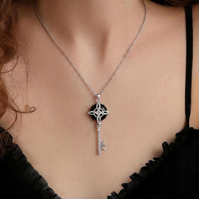 Natural Moonstone Crystal Key Necklace for Women, Retro Triple Moon Key Healing Crystal Wiccan Pagan Jewelry Gift