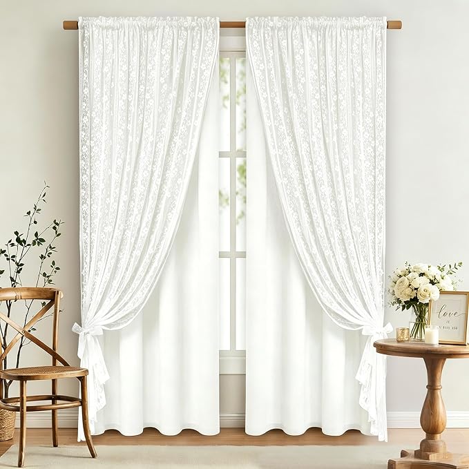 ASPMIZ Linen Curtains for Living Room Double Layer Curtains with Linen Lace, White Curtain for Bedroom Light Filtering, Rod Pocket Drapes 63 Inch Length 2 Panels Set with 2 Tiebacks, 52x63