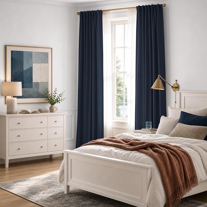 INOVADAY 100% Blackout Curtains 108 Inches Length 2 Panels Set, Back Tab/Rod Pocket Linen Black Out Curtains for Bedroom, Thermal Insulated Window Drapes - Navy Blue, W50 X L108