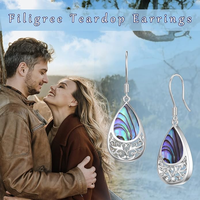 VONALA Abalone Shell Filigree Earrings 925 Sterling Silver Half Butterfly/Dragonfly Teardrop/Long/Vintage Abalone Shell Drop Dangling Earrings Bohemian Jewelry Gifts for Women