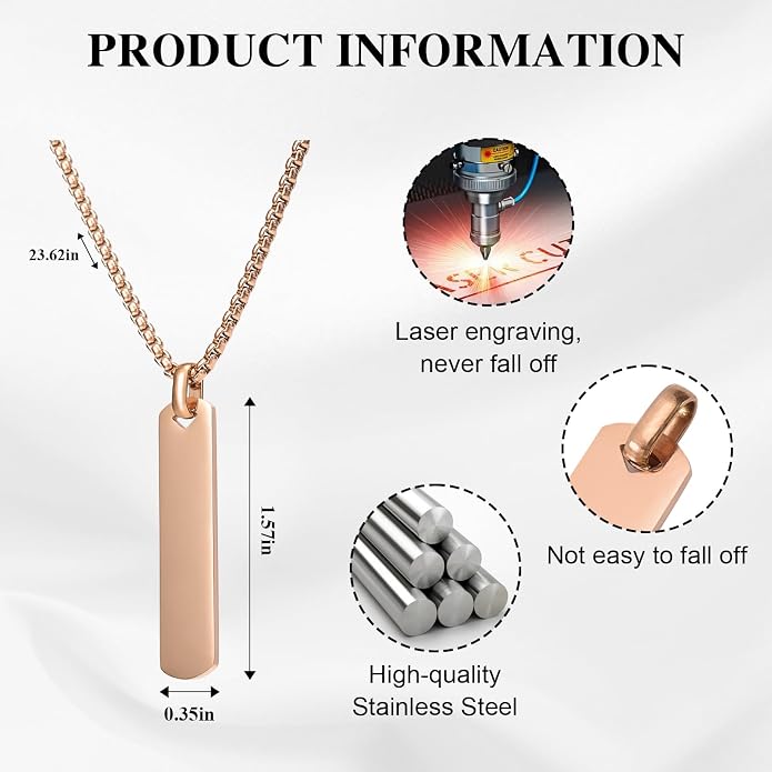 Fathers Day Personalized Vertical Bar Pendant Necklace - Custom Name Text Necklace Customized Stainless Steel Memorial Necklace Dad Gifts for Men