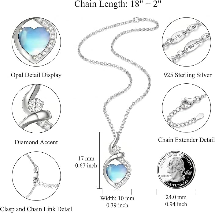 Heart Necklace 925 Sterling Silver Created Moonstone/Turquoise/Lapis Lazuli/Opal Heart Necklace Pendant Necklace Jewelry Gifts for Women
