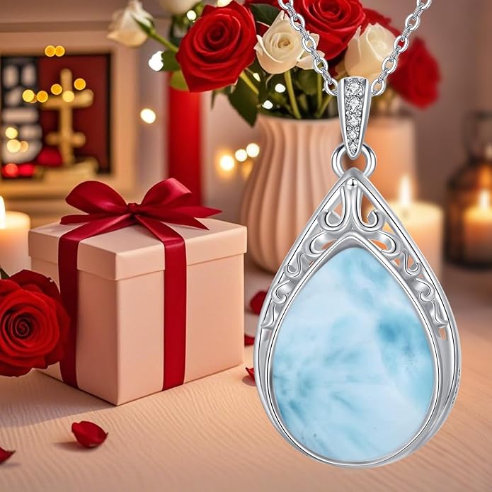 HPQQ Teardrop Necklace 925 Sterling Silver Filigree Gemstone Pendant Necklace Fine Jewelry Birthday Mother's Day Gifts for Women Her Mom