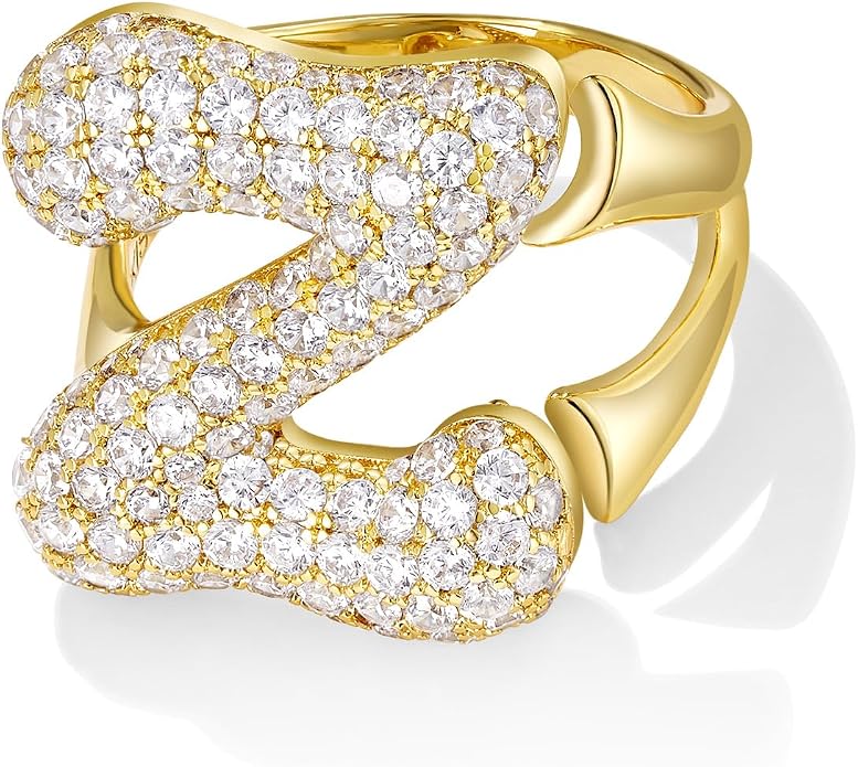 KissYan Bubble Initial Ring for Women, 14K Gold Plate Balloon Jumbo Letter Rings Open Adjustable Dainty Pave CZ Personalized Fashion Jewelry Gift for Mother's Day