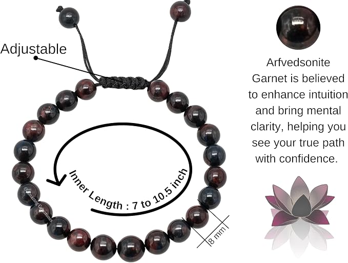 Amazing Gemstone Garnet in Arfvedsonite Bracelet, Gifts for Men & Women - Protection Healing Crystal Bracelet - 8mm Gemstone Beaded Adjustable Bracelet, Pulseras para Hombres Mujer Stocking Stuffers
