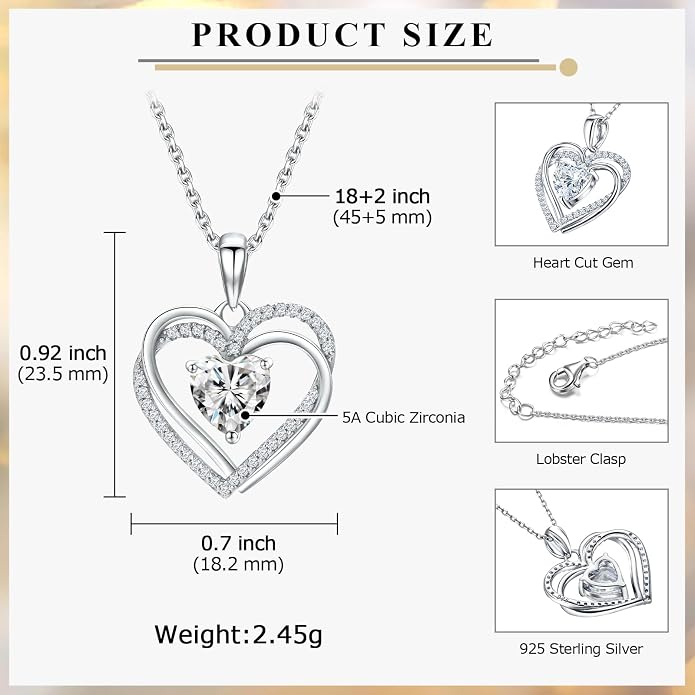 Anniversary Charm Necklace, Sterling Silver 14K Gold Plated Chain with Interlocking Heart Pendant Elegant Birthstone Necklaces for Women, Length 18"