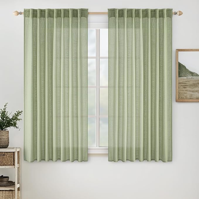 MIULEE Sage Green Linen Curtains 63 Inch Length 2 Panels for Bedroom Living Room, Soft Thick Linen Textured Kitchen Window Drapes Semi Sheer Light Filtering Back Tab Rod Pocket Burlap Look Decor