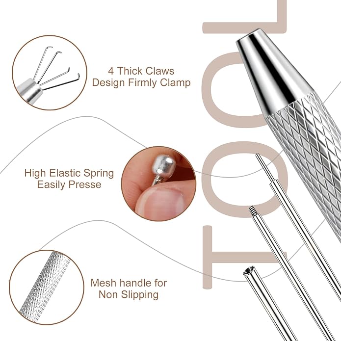 ONESING 2Pcs Piercing Ball Grabber Tool for Changing Jewelry, Stianless Steel Flat Back Earring Applicator Internally Threaded Push Pin Piercing Grabber Tool, Anti Slip 4 Claw Gem Ball Grabber Tool