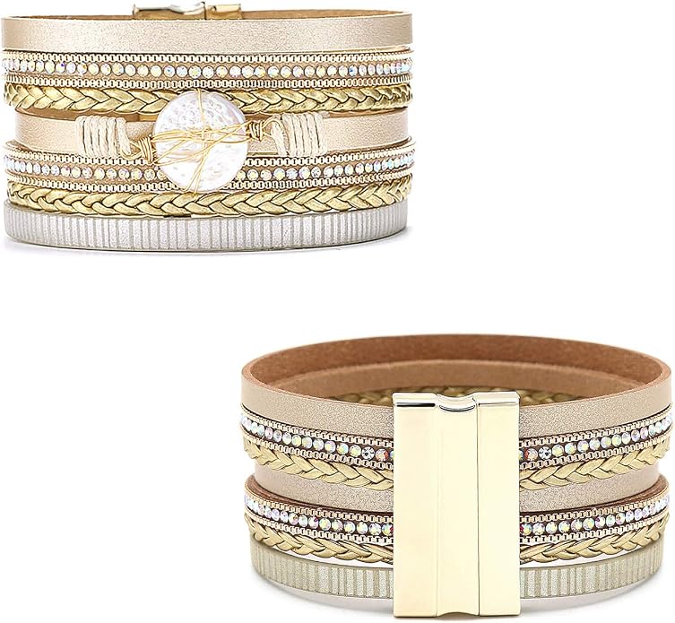 Wowanoo 3Pack Leather Cuff Bracelet Set Multilayer Wrap Bracelet Crystal Feather Tree Bracelet Magnetic Clasp Bracelet for Women