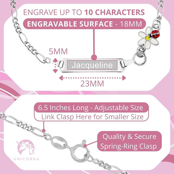 UNICORNJ 925 Italy Sterling Silver Child or Baby Name Bracelet Girls Boys, Personalized Engraved Kids ID Bracelets, 6.5" Figaro Chain, Enamel Charm Newborn Infant Toddler Kid Jewelry
