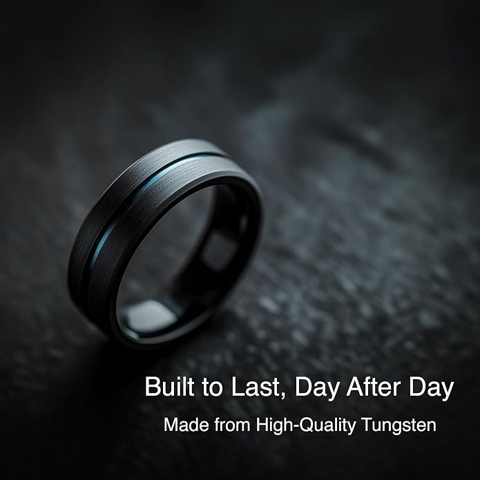 LerchPhi Tungsten Wedding Band for Men, Engraved and Customizable Promise Rings for Him and Her, Width 6MM 8MM Size 6-14, Center Grooved Beveled Edge, Comfort Fit