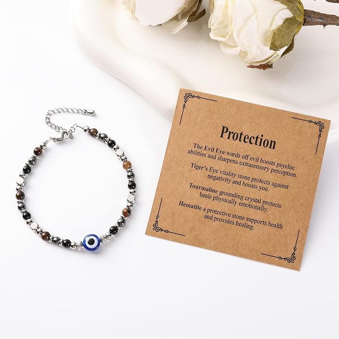 Jardme Natural Healing Crystals Bracelets for Women, Anxiety Relief Triple Protection Good Luck, Kalm Bracelet, Inspirational Spiritual Jewelry Gift for Friends Daughter Mom 6.5+2 Inches