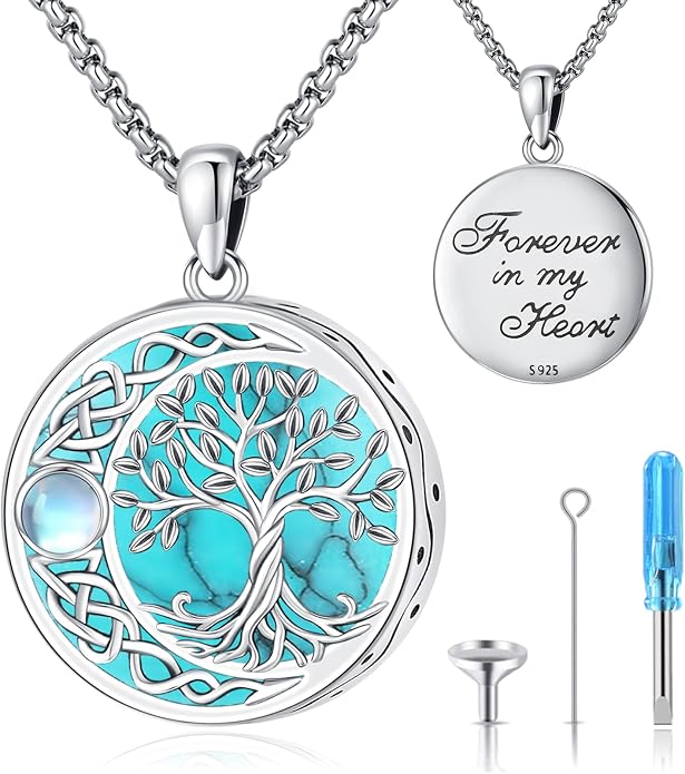 Tree of Life Necklace for Women Sterling Silver Celtic Moon Tree Moonstone Turquoise Pendant Heart Family Tree Necklace for Mother Daughter Sister Gifts