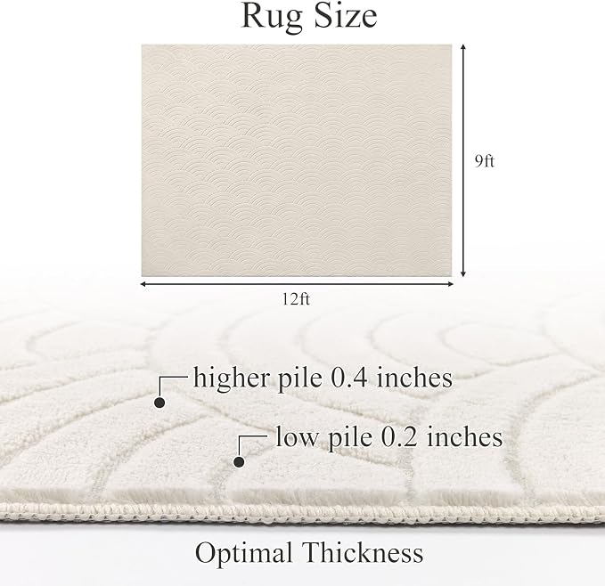 SHACOS Soft Fluffy Arch Waves Pattern High-Low Textured Area Rug 9'x12' | Cozy Large Non Slip Washable Minimalist Modern Graphic Rainbow Carpet for Living Room Bedroom Dining Room, Cream