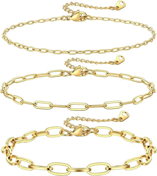 KeyStyle Paperclip Ankle Bracelets for Women, 14k Gold Plated Cuban Chain Rope LInk Anklets Sets, Stainless Steel Figaro Layered Anklet Pack Summer Jewelry(2PCS, 3PCS)