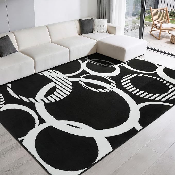 YIHOUSE Washable Black and White 8x10 Area Rugs for Living Room Non Slip | High and Low Pile Circle Pattern Rug for Bedroom, Soft Modern 3D Textured Carpet for Dining Room Playroom Home Office Decor