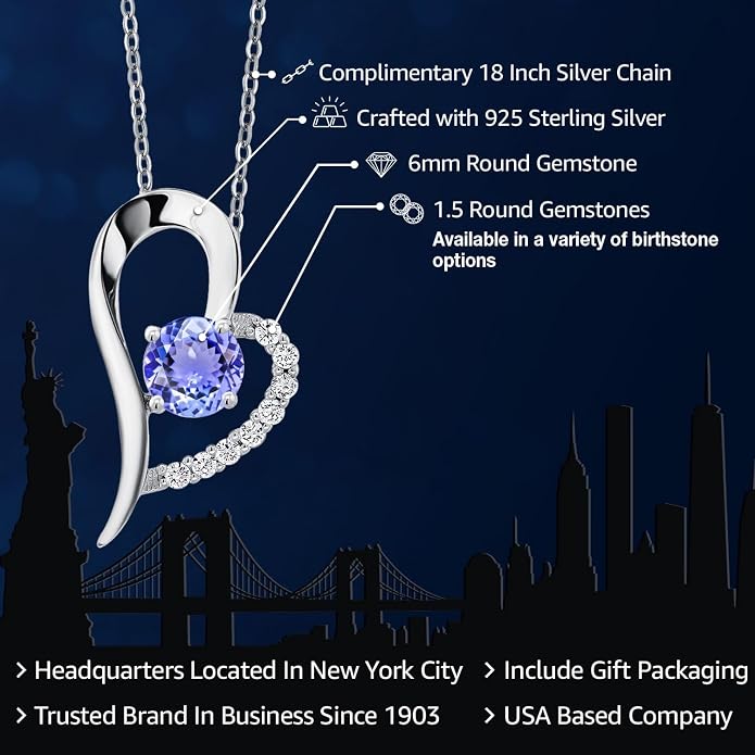 Gem Stone King Heart Shape Pendant Necklace For Women | 925 Sterling Silver | 6MM Round Gemstone Birthstone | Heart Necklace For Women | With 18 Inch Silver Chain