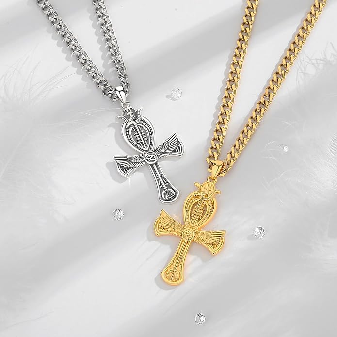 INFUSEU Mythology Pendant Necklaces for Men, Viking Norse Mjolnir Egyptian Anubis Ankh, 22-24 Inch Chain