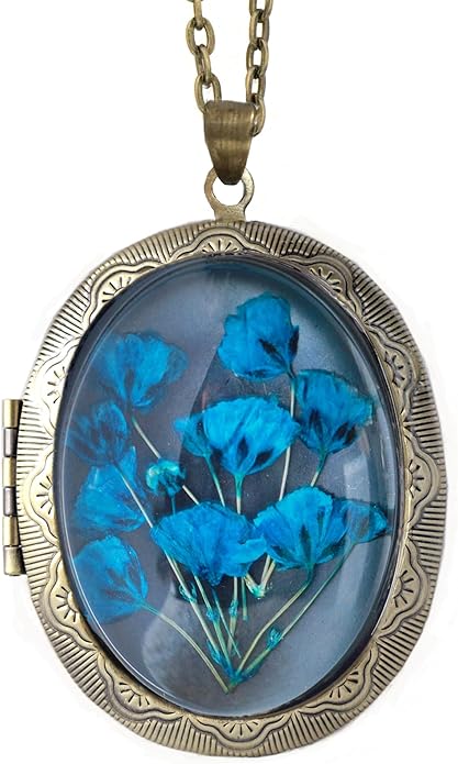 Handmade Oval Shaped Photo Locket with dried Pressed Flowers Locket pendant Necklace